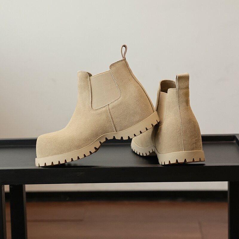 Cowhide Version~ Leather Big-headed Boots, Thick-soled Inner Height-increasing Martin Boots, Women's Chelsea Boots, Cigarette Tube, Kangaroo Shor