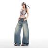 Spring Summer Vintage Classic 3D Cut Washed Saber Cut Wide Leg Denim Pants For Women Casual Pants Oversize Denim Trousers