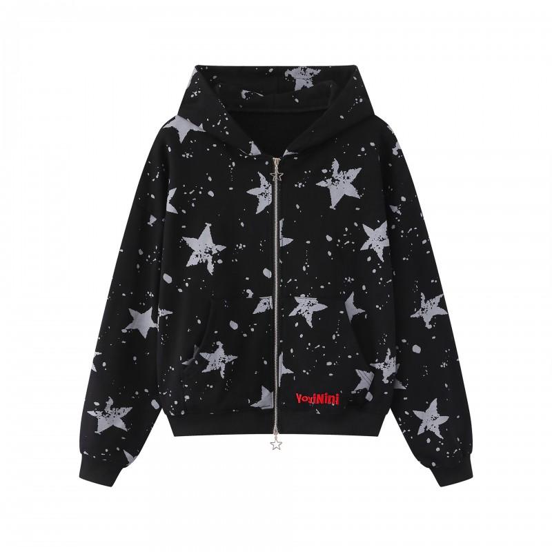 2026 Womens Vintage Star Print Zip Up Hoodie Loose Casual Sweatshirt Streetwear