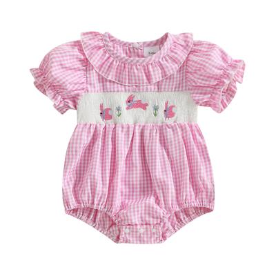 Baby Girl Sweet Plaid Romper Short Puff Sleeve Doll Collar Bunny Embroidery Romper 