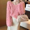 Autumn Winter Women Sweet V-neck Soft Furry Mohair Knitted Sweater Christmas Pullover Tops