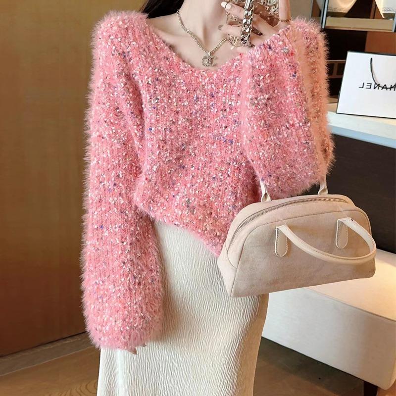 Autumn Winter Women Sweet V-neck Soft Furry Mohair Knitted Sweater Christmas Pullover Tops