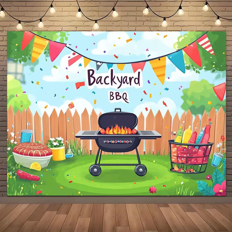 2D BBQ Party Background Cloth, Cartoon Grill and Backyard Decor