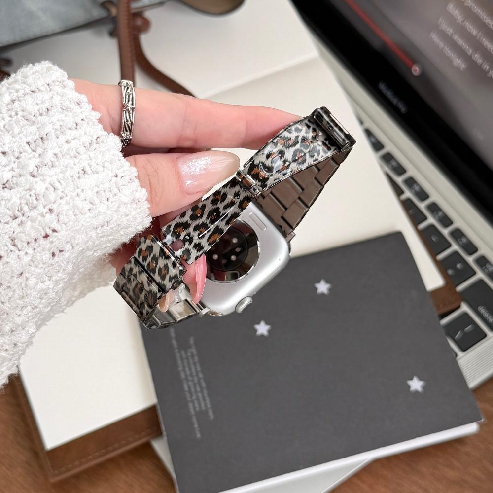 Luxury Leopard Print Resin Metal Strap For Apple Watch Ultra3 Band 49mm Slim Strap for iWatch Series 11 10 9 8 SE3 38/40/41/42/44/45/46 Woman Bracelet