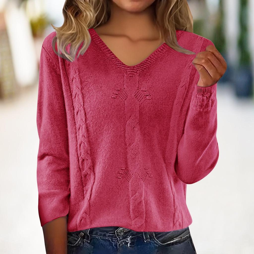 Women's Fashion Casual Solid Color V Neck Long Sleeve Pullover Sweater Top