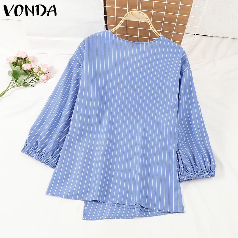 VONDA Women Autumn V-Neck Striped 3/4 Sleeve Button Trim Shirts