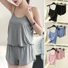 Conjunto de Dos Piezas de Camisola y Pantalones Cortos de Pijama para Mujer Verano Tirantes Finos Top Camisola Pantalones Cortos Color Sólido Casual Ropa de Dormir Ropa de Noche Ropa de Estar por Casa