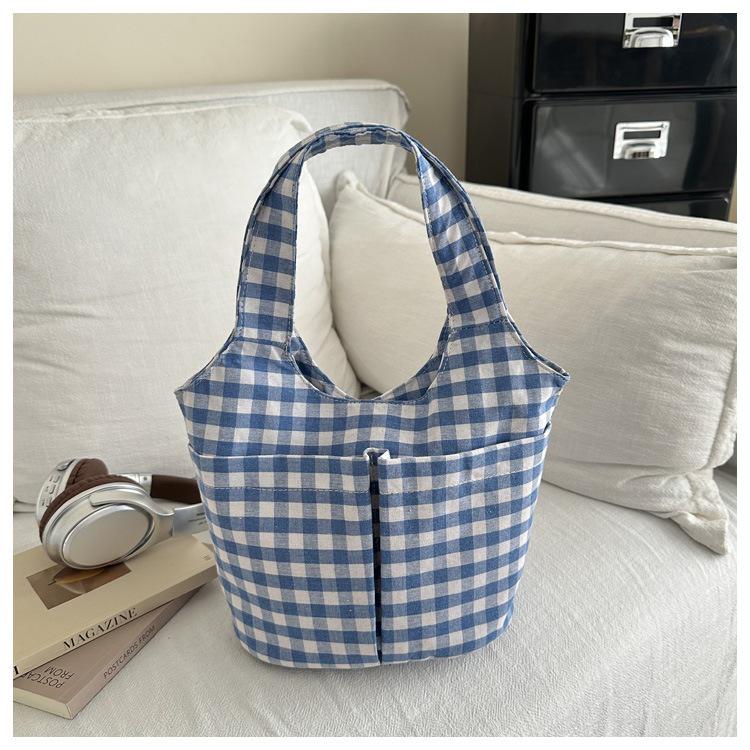 Retro Korean Plaid Large Capacity Canvas Tote Bag - Early Spring 2026 Edition