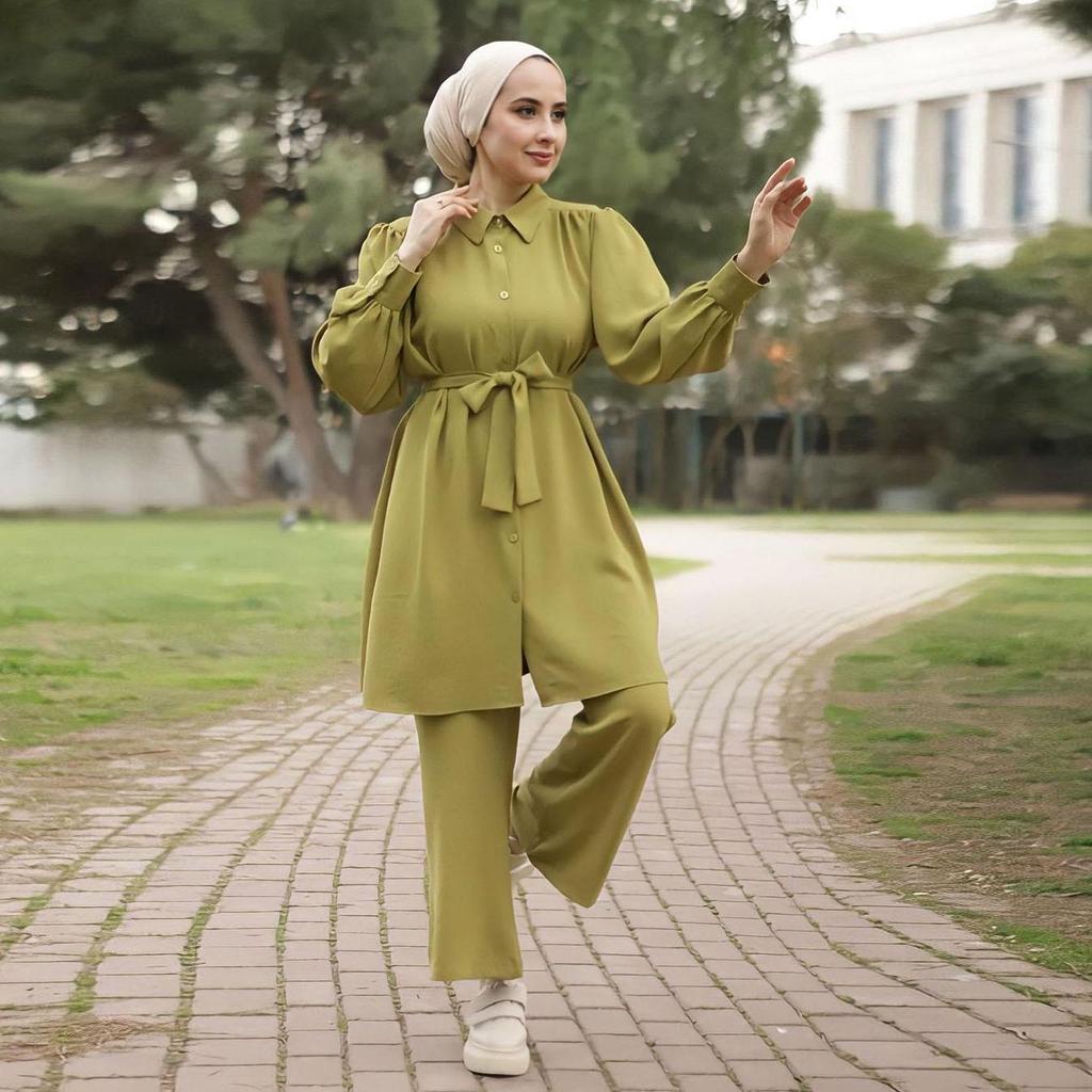 Elegant Middle Eastern Style Autumn/Winter 2024 Long-Sleeve Shirt and Trousers Set for Arab Muslim Women
