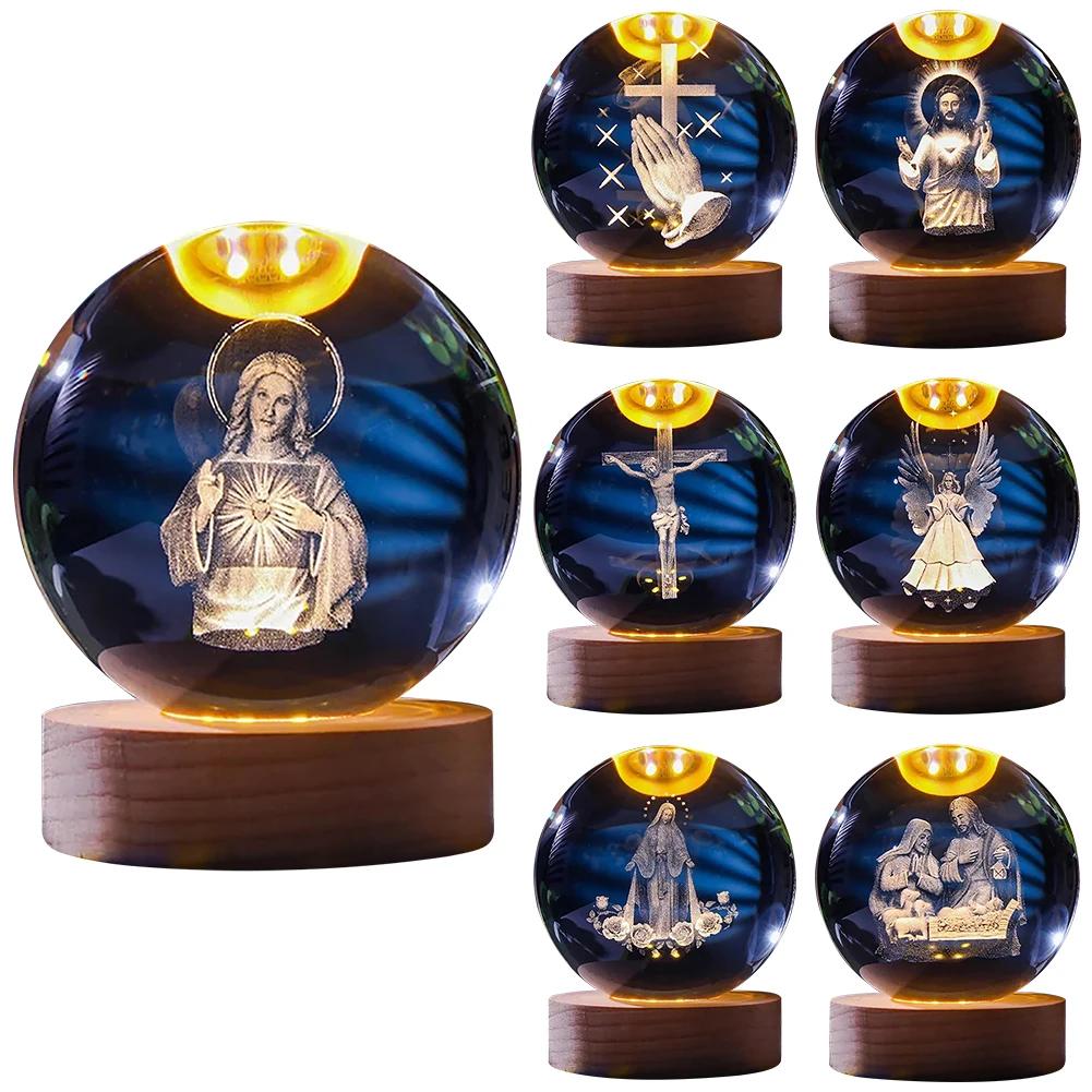 3D Small Glass Ball Decor with Wooden Base USB Charging LED Crystal Ball Night Light Lighted Crystal Ball for Art Decoration