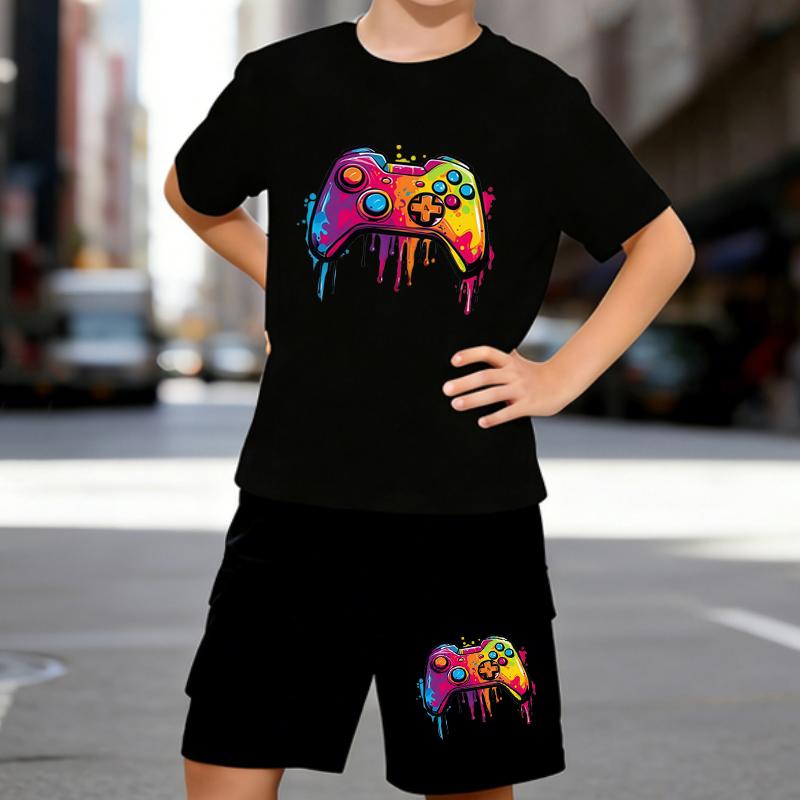 

Boys 2 Piece Game Controller Print Outfit, Short Sleeve T-Shirt and Shorts Set for Kids Age 5-14, White Sporty Casual Summer Clothes 5-6 Years чёрный