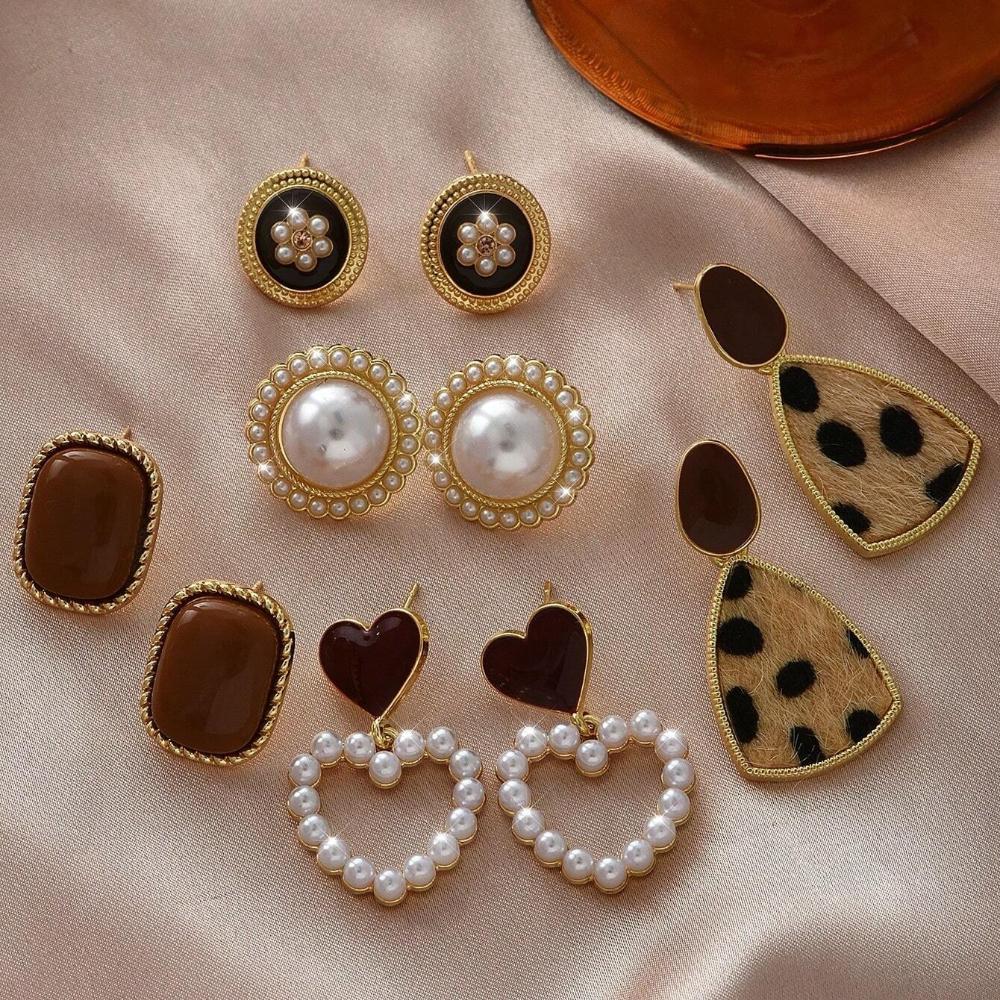 6/10/12 Pcs Simulated Pearl Round Square Stud Earrings Small French Elegant Daity Ear Studs for Women Daily Jewelry Sets F