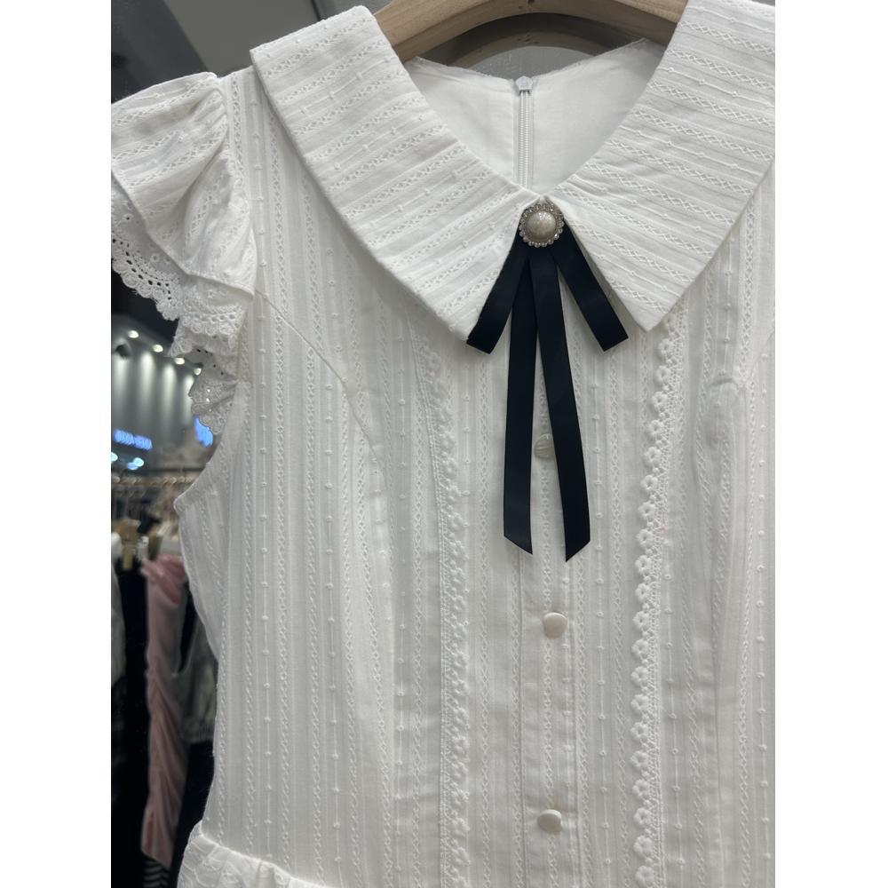 White sweet style girl lapel design dress women's summer lace splicing waist small flying sleeve puffy skirt