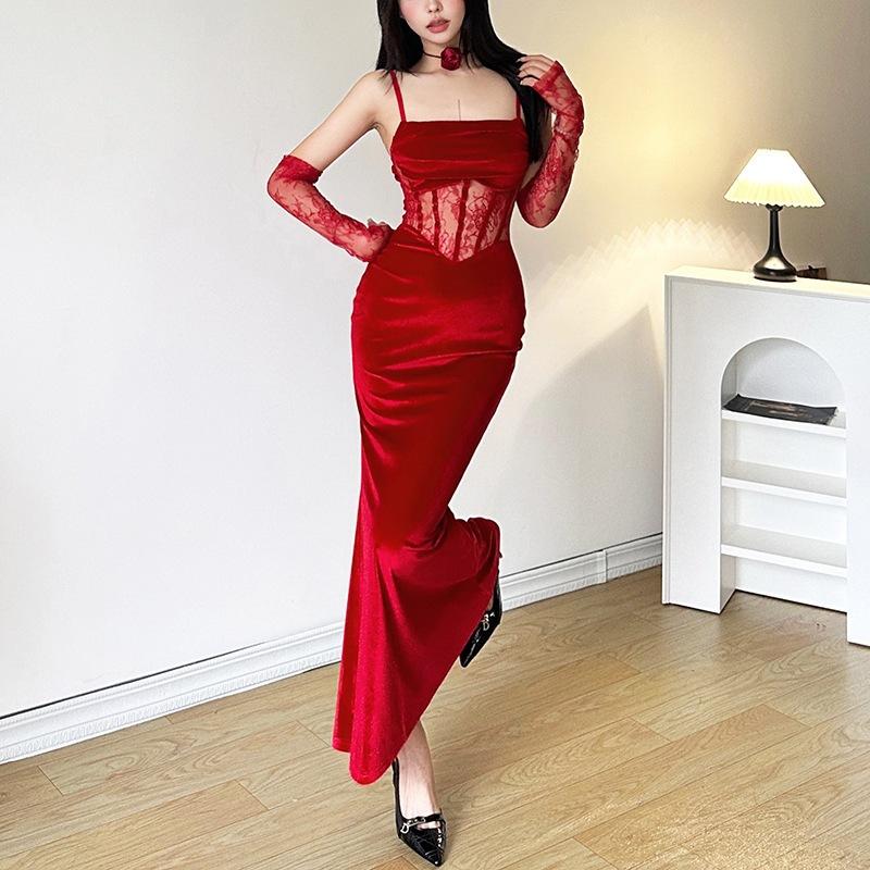 European and American style 2026 spring and summer new women's clothing solid color slim fit high waist fashion one-word collar suspender dress women