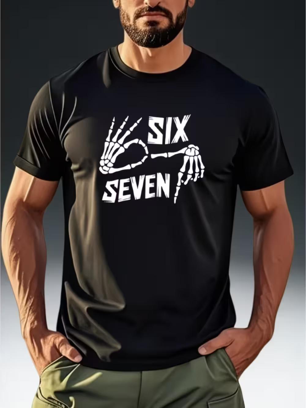 

Men S Dark-Themed T-Shirt Featuring a Quirky SIX SEVEN Skull Hand Print XL