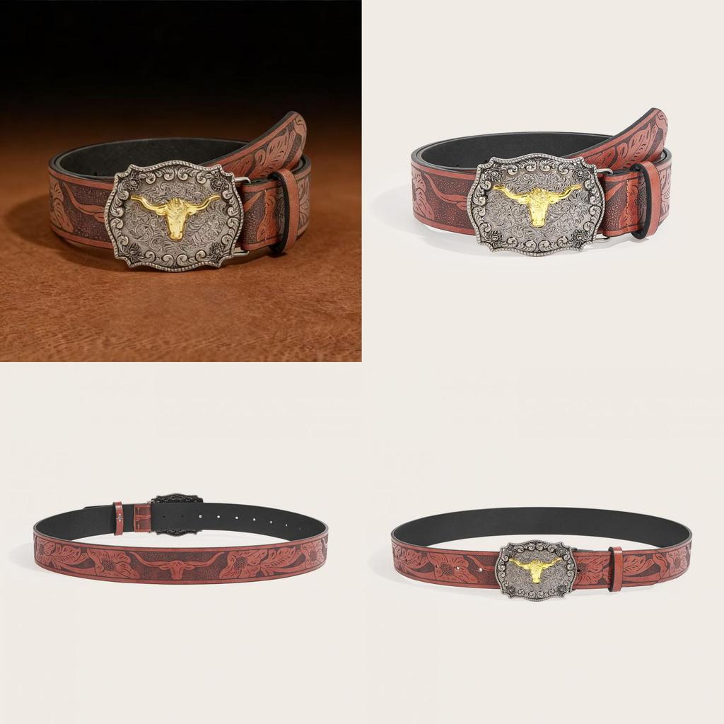 Western Cowboy Style Pu Belt With Cow Head Buckle For Casual Fashion Accessories