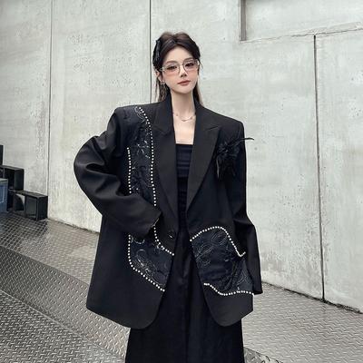 Womens Luxury Black Blazer Spring Autumn High Quality Sequins Embroidery Beaded Design Fashion Casual Formal Work Suit Coat