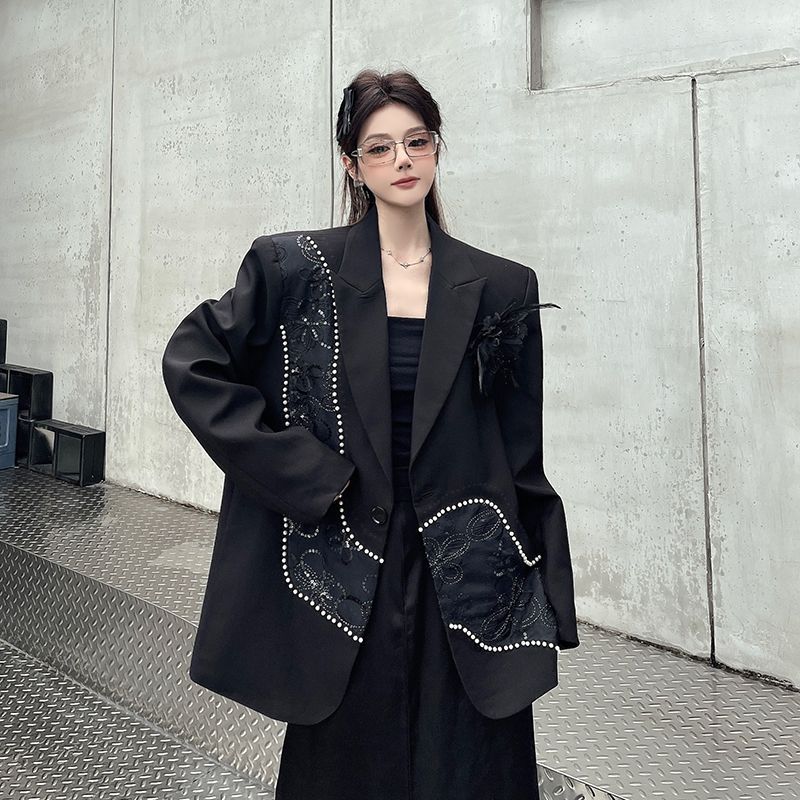 

Womens Luxury Black Blazer Spring Autumn High Quality Sequins Embroidery Beaded Design Fashion Casual Formal Work Suit Coat XL чорний