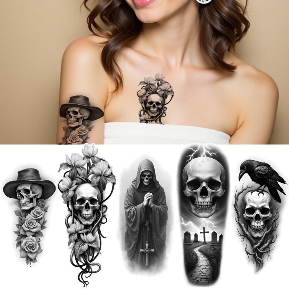 3pcs Temporary Tattoo Black And Grey Realism Bat Skeleton Skull With Flowers Skull With Roses For Adults Thighs Women