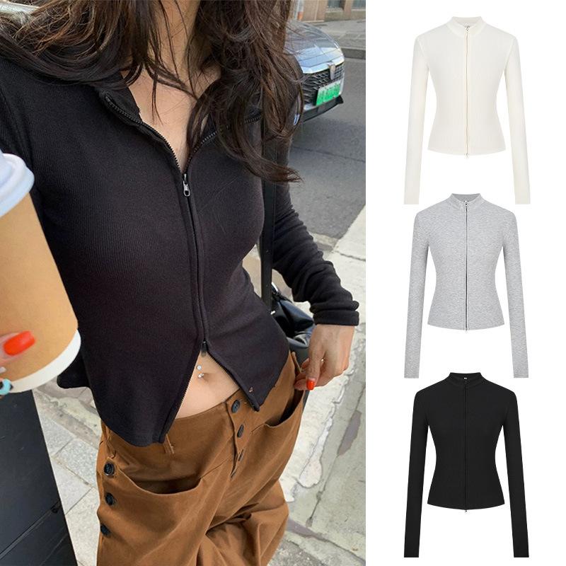 Dames Herfst- en Wintermode Temperament Amerikaanse Hottie Dubbele Rits Jas Opstaande Kraag Slanke Taille Vest Top