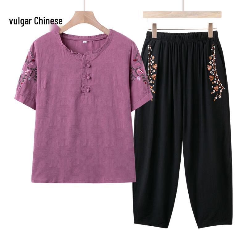 Elderly Women s Casual Summer Cotton Linen T-shirt Set 2XL