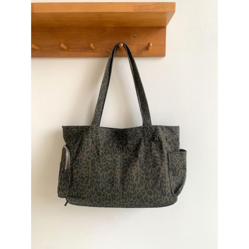 

Canvas leopard print bag new commuter retro wind tote bag large capacity women s trend fashion shoulder bag зелёный