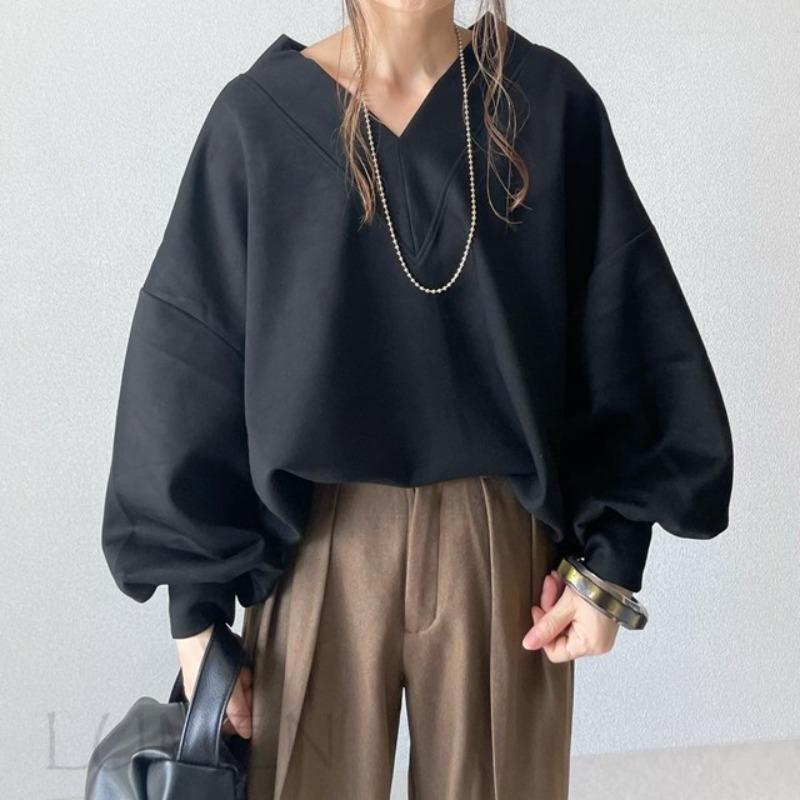 

Japanese Autumn Top Fashion Casual Women s V-neck Batball Sleeve Loose Long Sleeved Patchwork Solid Color T-shirt