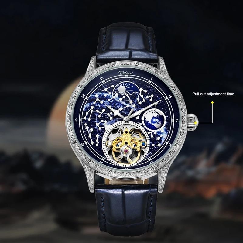 Men's Mechanical Automatic Business Wristwatch Tourbillon Hollow Fashion New Sport Waterproof Luminous Moon Phase Clock