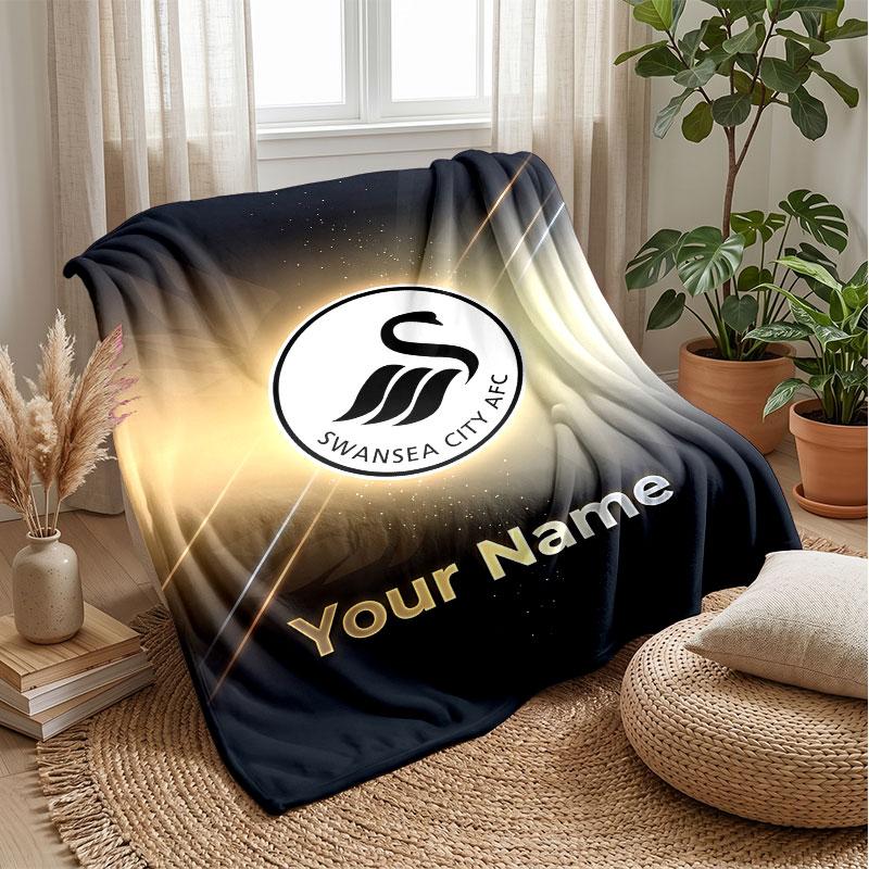 Swansea City FC Custom Name Text Flannel Blanket Soccer Logo Personalized Fleece Throw Blanket Special Gift For Sofa Bedroom Home