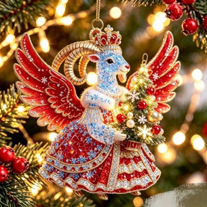 2D Flat Acrylic Hanging Ornament Red Gold Winged Goat Acrylic Pendant Christmas Tree Decoration Lunar New Year Holiday Gift