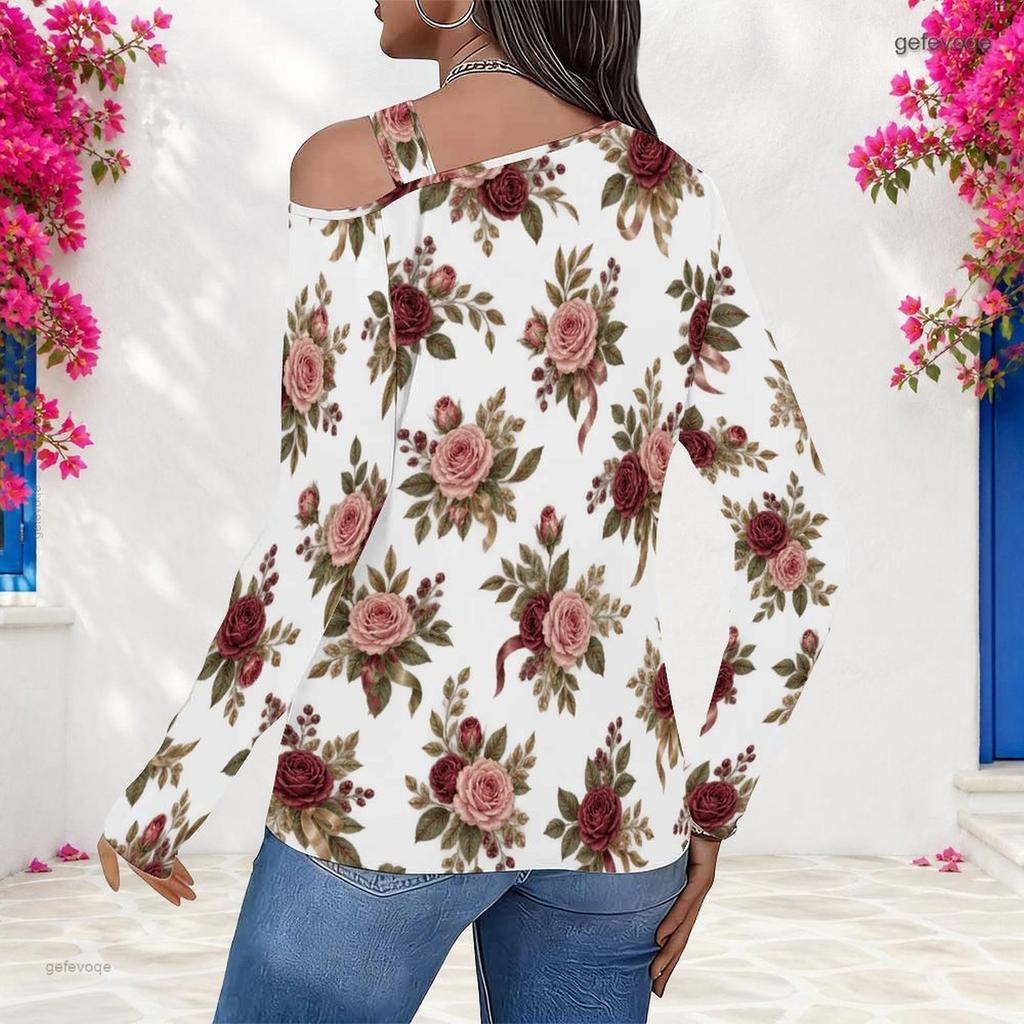 Women Plus Size White Asymmetric Cutout Neck Cold Shoulder Long Sleeve Floral Printed Fitted Top