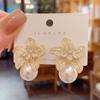 French Floral Pearl Dangle Earrings - Luxurious, Unique Design with Full Diamonds for Women