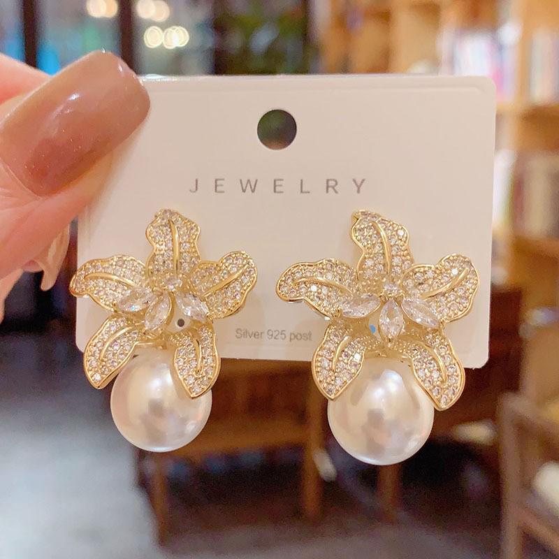 French Floral Pearl Dangle Earrings - Luxurious, Unique Design with Full Diamonds for Women