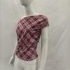 Red and white checkered slanted shoulder short retro spicy girl style one line off shoulder slim fit T-shirt
