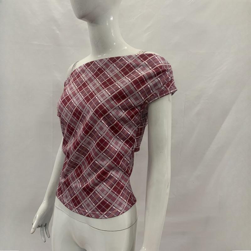 Red and white checkered slanted shoulder short retro spicy girl style one line off shoulder slim fit T-shirt