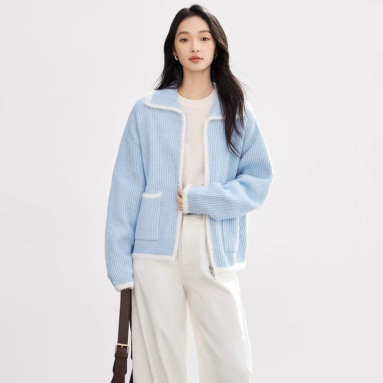 Imitation Mink Fur Contrasting Sweater Jacket for Women s 2025 Autumn and Winter New Sweet and Gentle Style Pocket Knit Zipper Cardigan One size fits all 2647₽