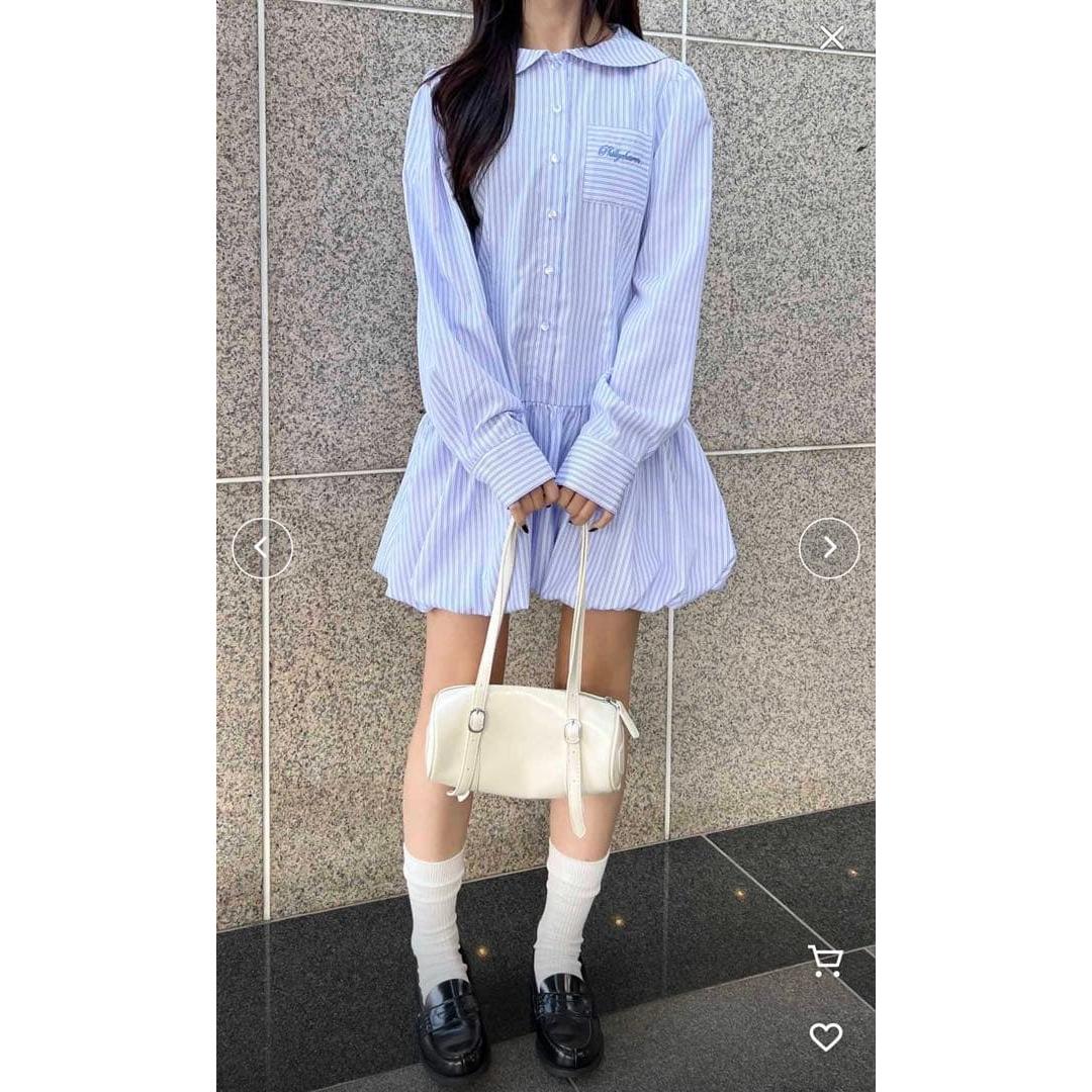 WEGO Try-On Only PHILLY Striped Shirt Balloon Mini Shirt Dress
