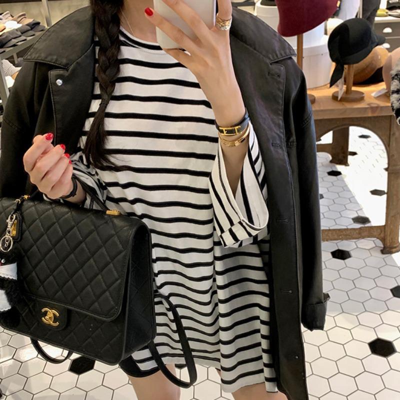 Korean-style Striped Long Sleeve Loose Slimming Women s Top One Size белый