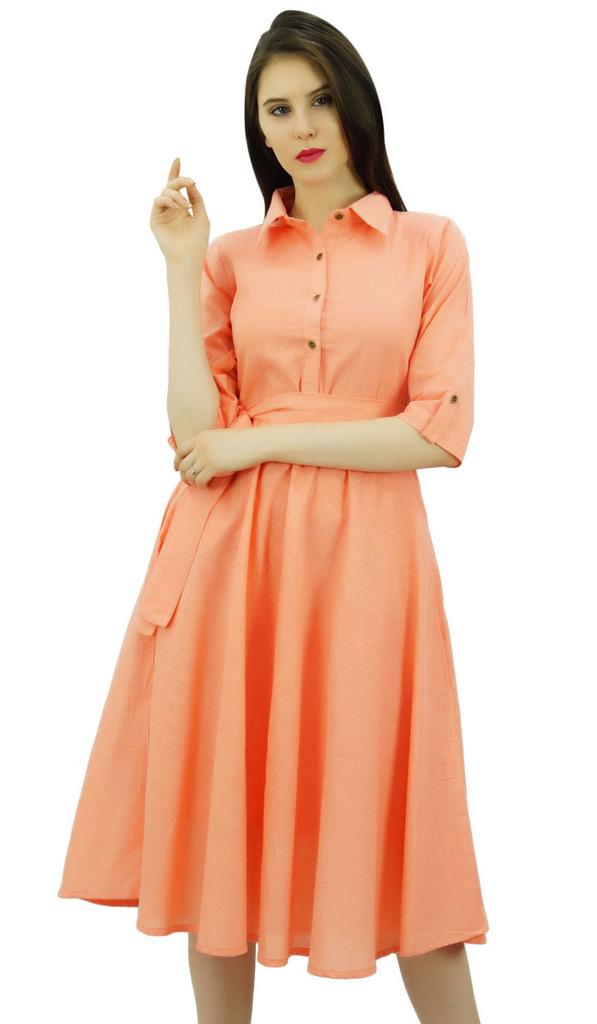 Bimba Women's 3 4 Sleeve Linen Collar Neck Solid Flared Shirt Dress with Side
