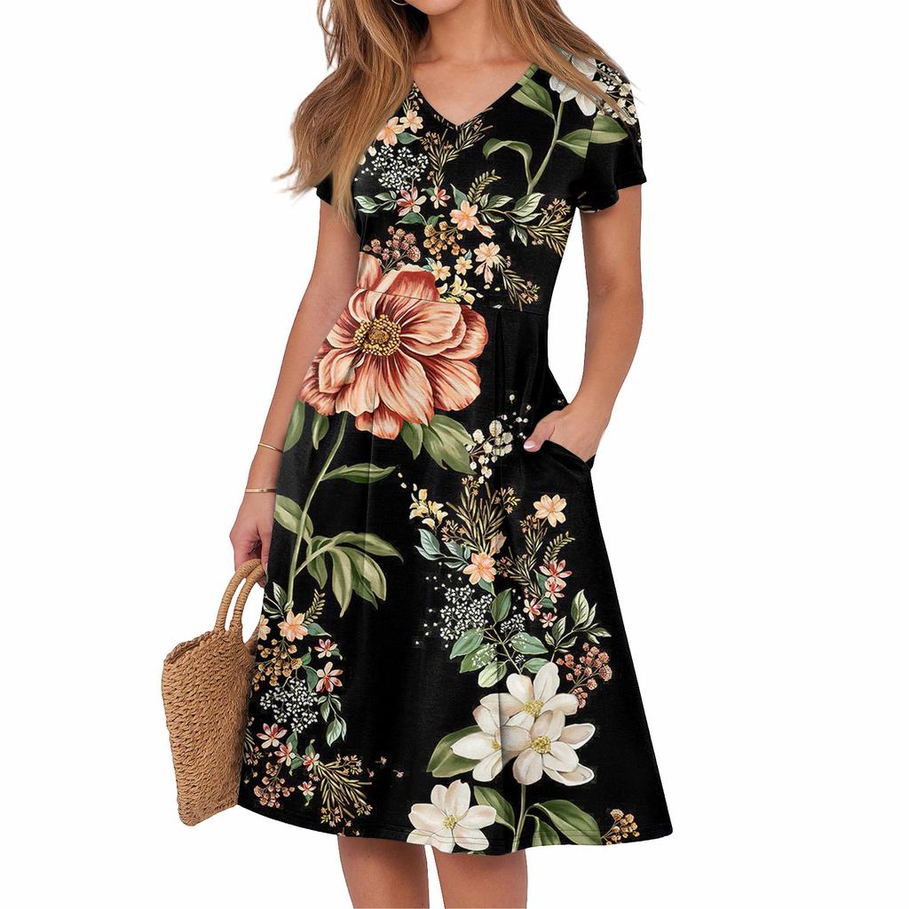 Women's Summer Casual Print V-Neck Short Sleeve Dress With Pockets
