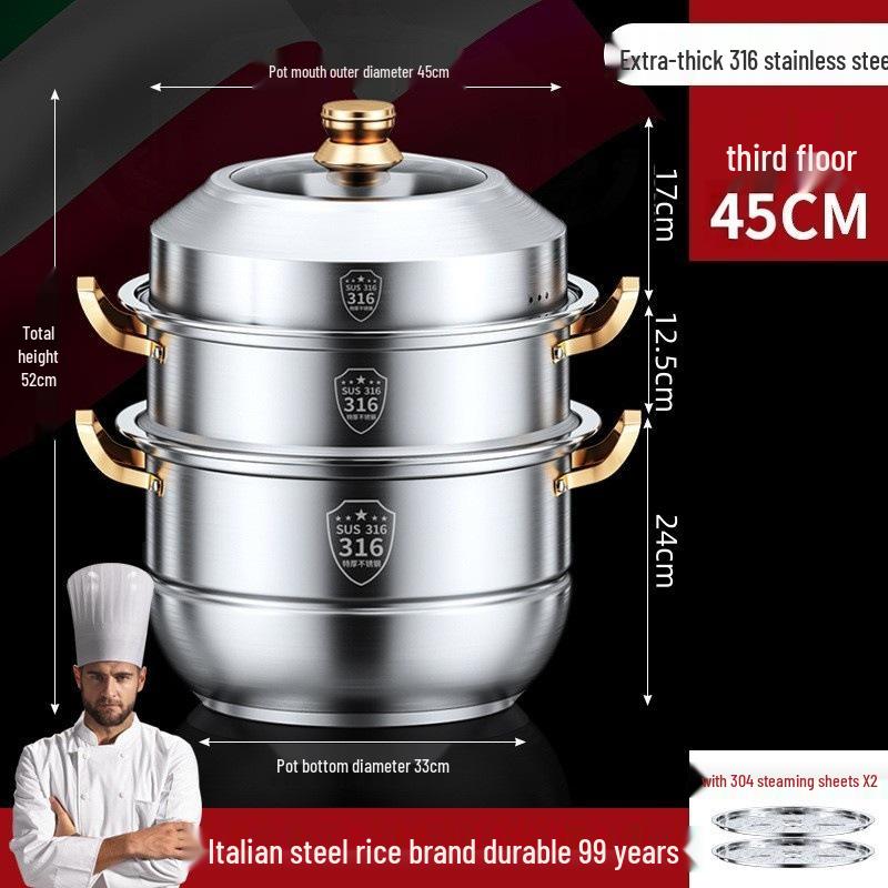 316 Stainless Steel Multi-Layer Steamer Pot: Food-Grade, Thickened Soup Pot for Induction Cookers