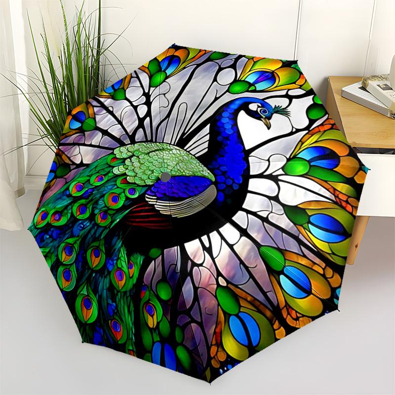 1pc Stained Glass Peacock Design Automatic Opening Folding Umbrella with 3-Fold Design, 8-Bone Iron Frame, Outdoor, Festive Gift for Fans, Travelers,