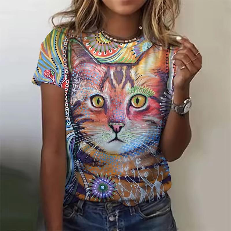 Summer Round Neck 3D Cat Pattern Print Top Fashionable Casual Short Sleeved Women's T-shirts
