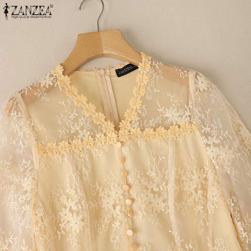 ZANZEA Dámská ležérní halenka s výstřihem do V, 3/4 rukávy, dutým patchworkem a krajkou