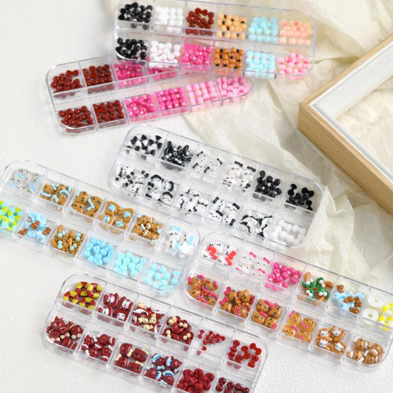 12 Bölmeli/Kutu Mini Fiyonk Tırnak Sanatı Süsleri 3D Sevimli Şeker Rengi Tırnak Takıları Tasarımları Kendin Yap Reçine Tırnak Aksesuarları