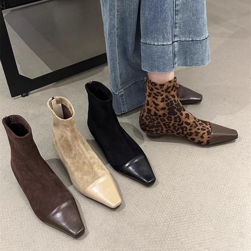 French Rear Zipper Short Boots Women's 2025 New Autumn and Winter Small Fragrant Wind Leopard Print Splicing Square Head Thick Heel Thin Boots Wome