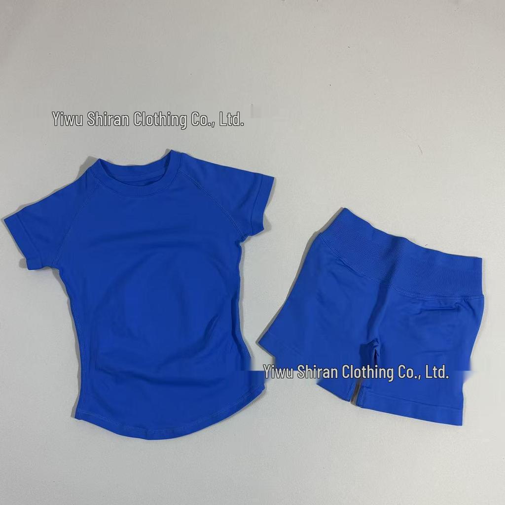 Damen nahtloses kurzärmeliges Sportset mit hoher Elastizität und atmungsaktivem schweißableitendem T-Shirt