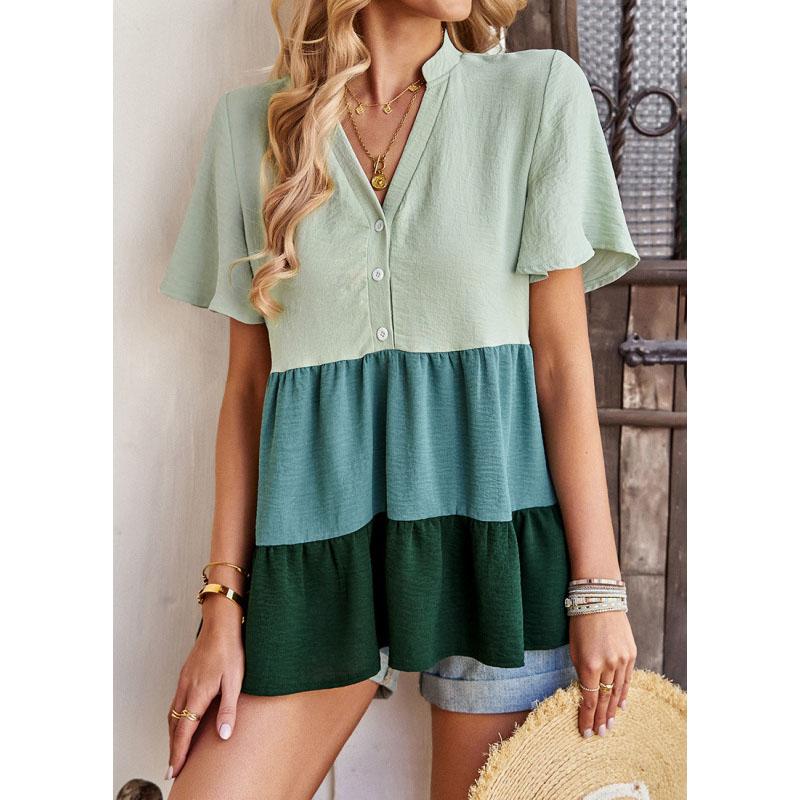 Contrast V-neck Shirt for Women's Summer Loose Casual Short Sleeved Top Blouses