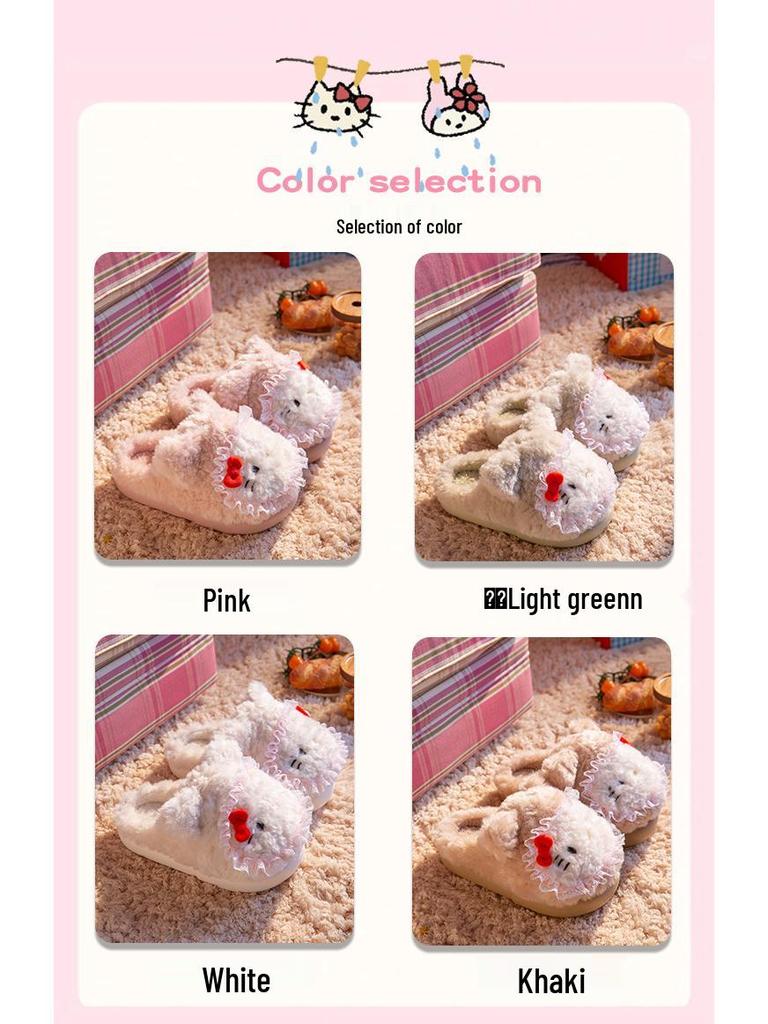 Women’s Cute Cartoon KT Cat Cotton Slippers - Sanrio Furry Plush, Heel-Covered Winter 2025