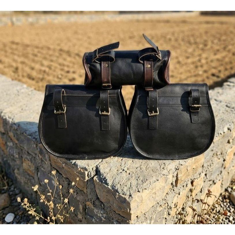 Black Leather Motorcycle Saddle Bag 3 Side Panniers Luggage Saddlebags Tool Bags